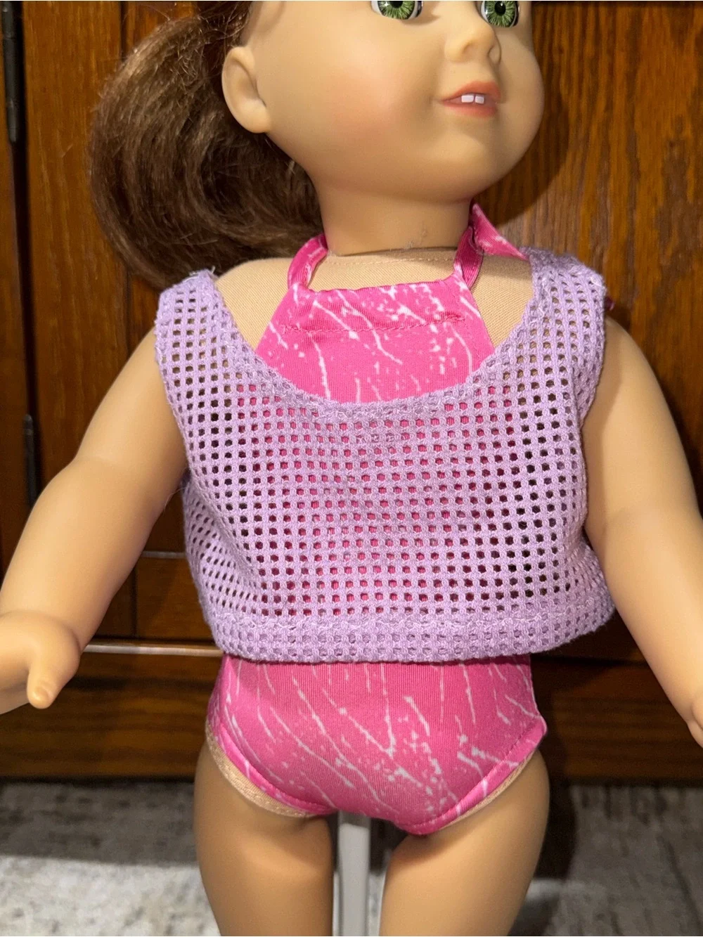 18” doll pink halter swimsuits & purple mesh net cover up top